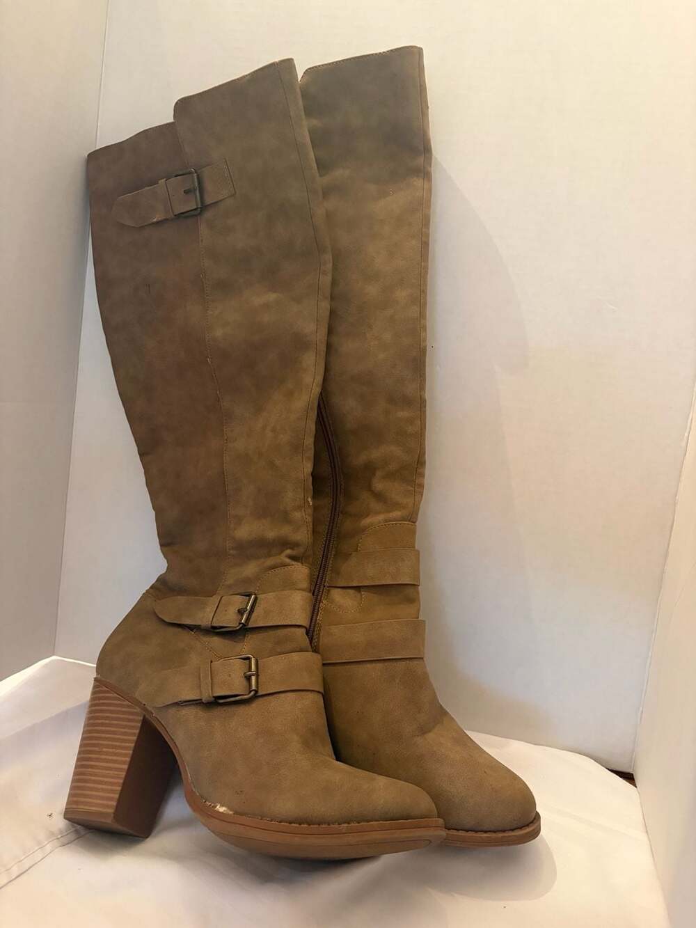 Dream Pairs Ramonia Women's Knee High Slouchy Chunky Heel Buckle Long Boots Tan